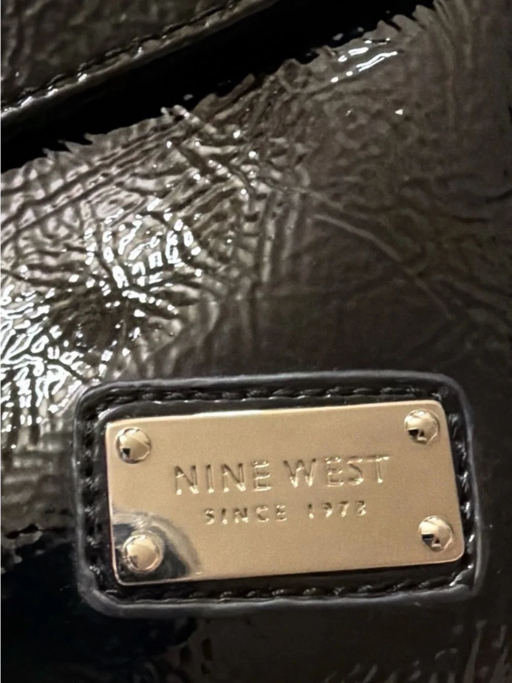 Nine West Black Lacquer/Patent Faux Leather Envelope Clutch Bag.
